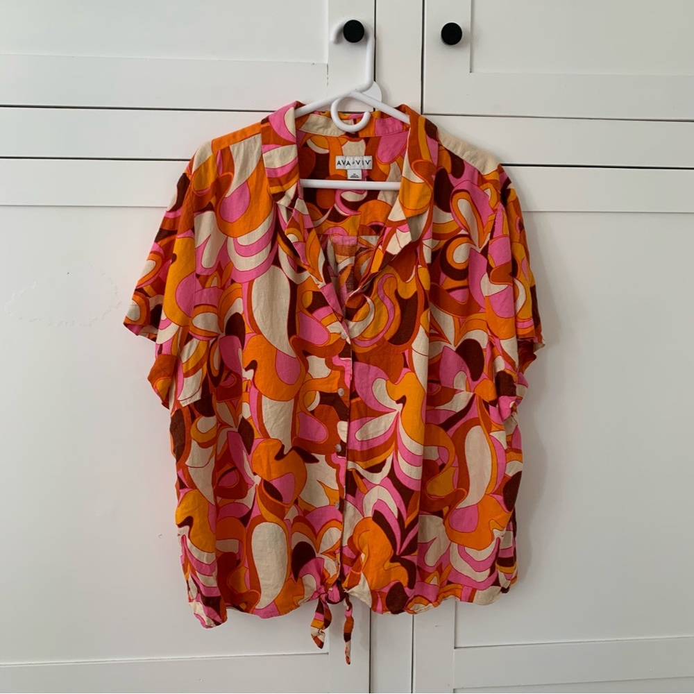 Ava & Viv Orange Pink Floral Button Linen Shirt Size 3X - Picture 2 of 7